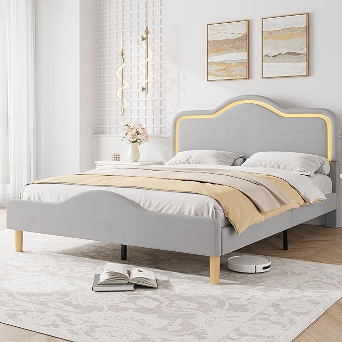 IDEALHOUSE Queen Size Bed Frame with LED Lights Velvet Upholstered Platform Bed with Adjustable Headboard for Kids/Girls Wooden Slats Support No Box Spring Needed Gray