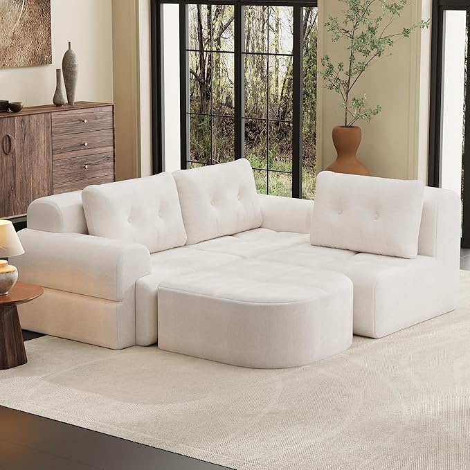 Boneless L-Shaped Modular Couch - 110 Inch Cloud Chenille Compression Sectional SofaNo Assembly Required Ideal for Apartments &amp Living RoomsBeige White