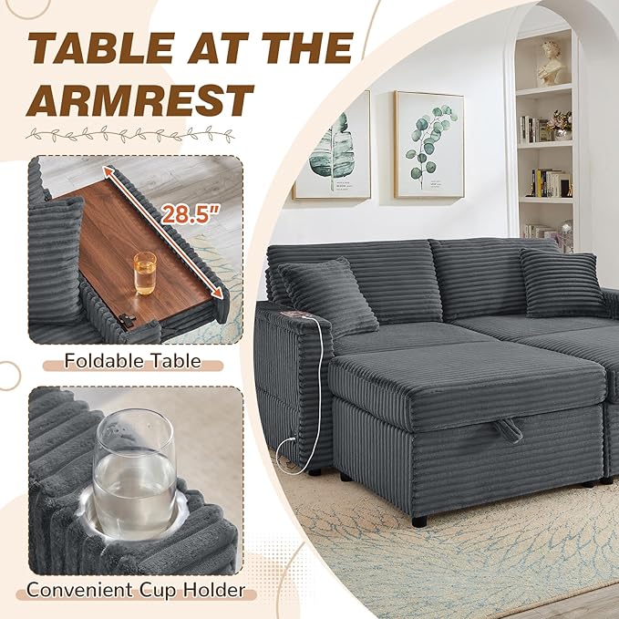 Chaise Lounge Chair Indoor 68 W Corduroy Loveseat Sectional Couch with Sorage Ottoman/Wing Table/Charge Ports/Cup Holder Modern Comfy Deep Seat Reading L-Shape Sofa for Living Room Dark Gray