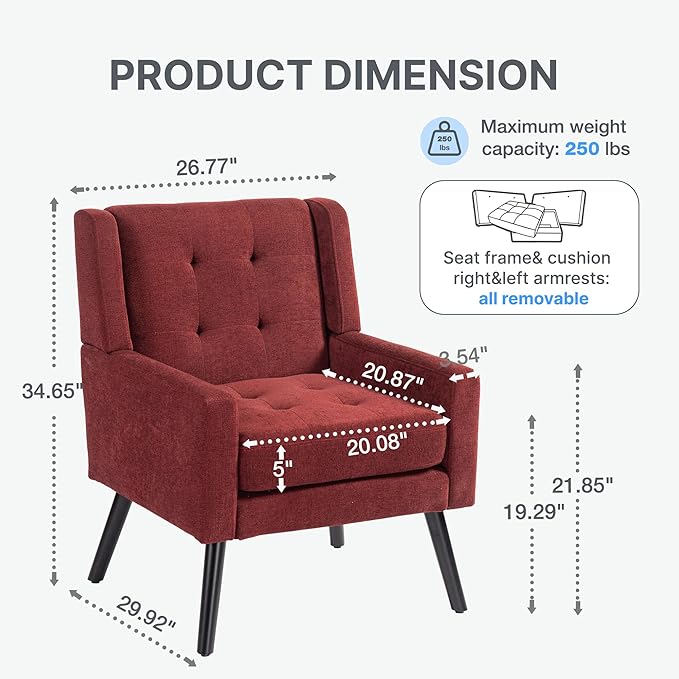 Mid-Century Modern Accent Chair Plush Linen Fabric with Button Tufted High Back &amp 5 Thick Cushion High Comfort Reading Chair for Living Room Bedroom Office (Red)