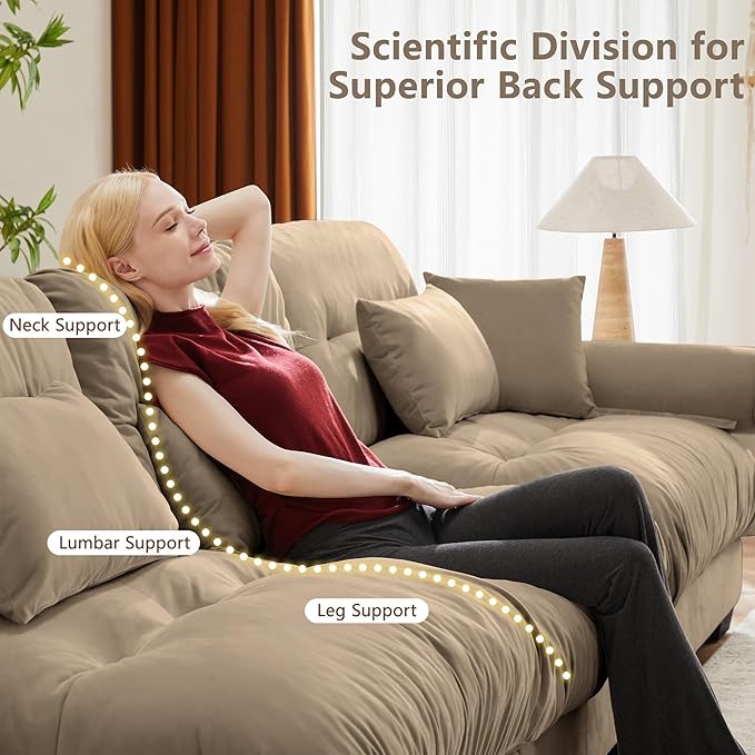 166 Oversized Modular Sectional Sofa 4-Seater Cloud Couch with Pillows Deep Seat Velvet Modular Sectional Sofa with Overstuffed Cushions for Living Room Home Theater Apartment Camel