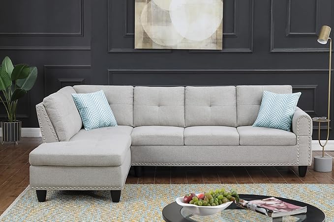 Ball &amp Cast 98 L Shaped Sectional Couch with Chaise Linen Upholstered Modular Sectional Sofa with Pillows and Cup Holders5 Seater Comfy SofaNailhead Trim Designfor Living RoomLight Gray