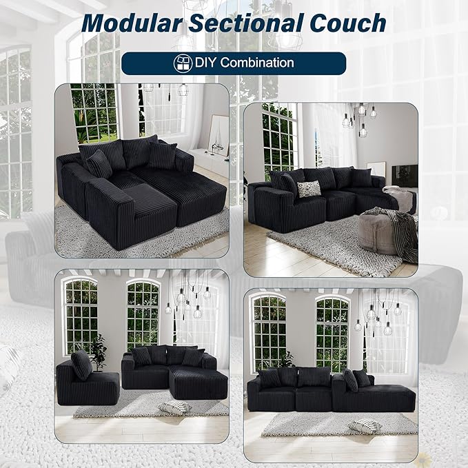 3 Seater L Shaped Sofa with Deep Seat 101 Cloud Sectional Couch with Chaise Cozy Modular Couches Sleeper Oversized Corduroy Sofa for Living Room Bedroom Apartment Black