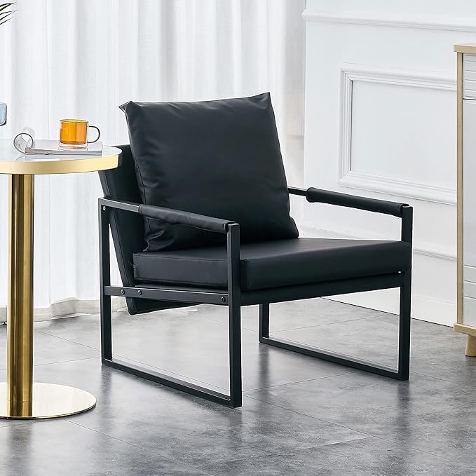 PU Leather Accent Arm Chair Mid Century Modern Upholstered Armchair with Metal Frame Extra Thick Padded Backrest and Seat Cushion Sofa Chairs for Living Room (Black PU Leather Metal Frame Foam)