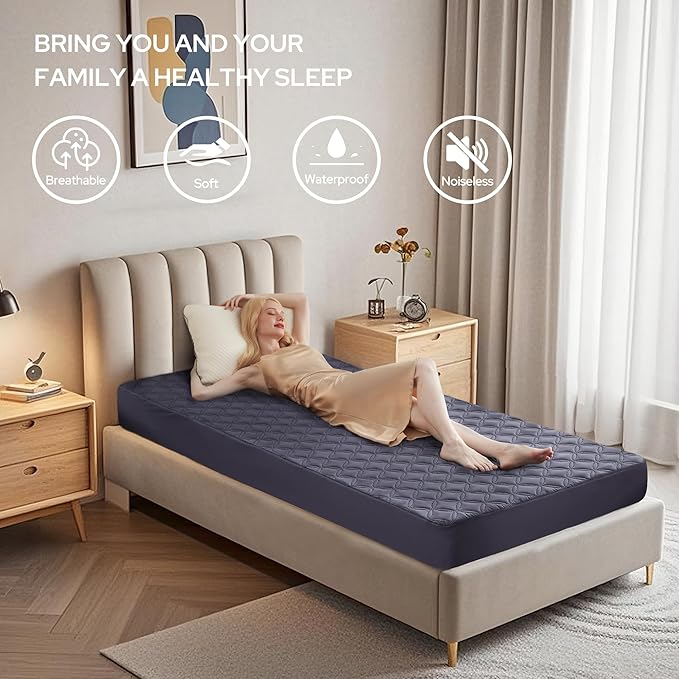BEDLORE Waterproof Mattress Protector Twin Size Noiseless Mattress Pad with Deep Pocket 6-15 Depth Soft Breathable Bed Mattress Cover Washable for Home Bedroom Hotel (Navy Blue)