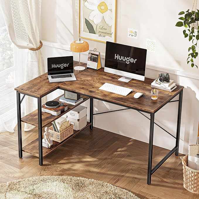 Huuger 47 Inches L Shaped Desk Computer Desk with Reversible Storage Shelves for Gaming Corner Home Office Writing Study Metal Frame Rustic Brown