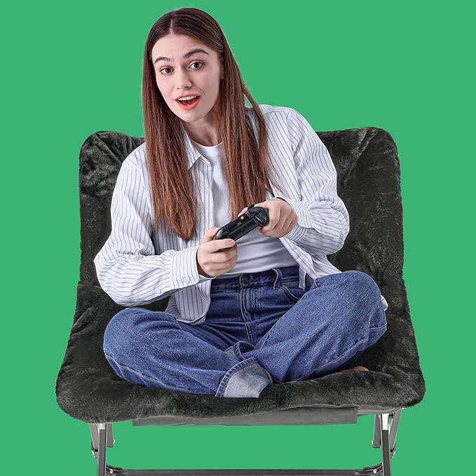 OAKHAM Comfy Chair for Adults Soft Faux Fur Folding Lounge for Bedroom Living Room Dorm Rooms Flexible Reading Chair for Teens Kids X-Large Foldable (Faux Fur-Charcoal Black)