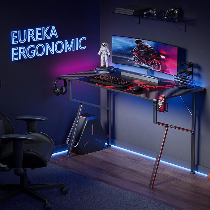 EUREKA ERGONOMIC Gaming Desk 47 Inch K Shaped Home Office PC Computer Desk Table for Gamer with Cable Management Carbon Fiber Black