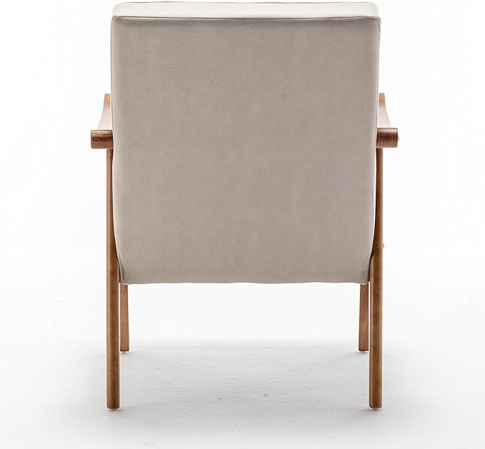 Unique Mid Century Modern Accent Chair with Open-Framed Armchair Design Plush Foam Cushioning and Leather-Look Microfiber Seat and Back Cushions Beige