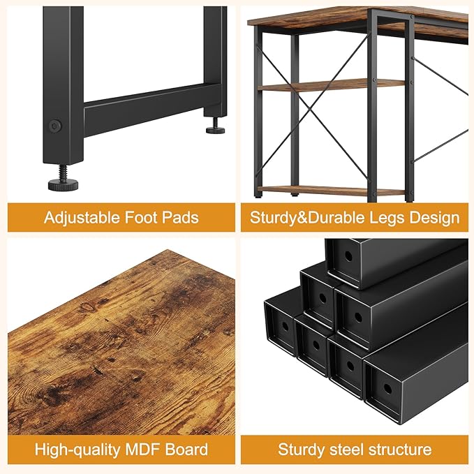 Grandder L Shaped Computer Desk with Reversible Shelves 40 Inch Small Corner Desk with Storage Bag Gaming Desk Computer Table Study Writing Desk for Home Office Small Space Rustic Brown