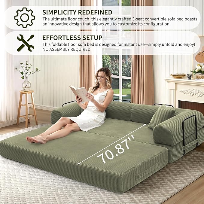 Convertible Sleeper Sofa Bed 1600lbs Weight Capacity Floor Sofa Bed with Fixed-Shape Frame Corduroy Foldable Couch for Small Space Lounge Mattress for Living Room Apartment Game Room (Green)
