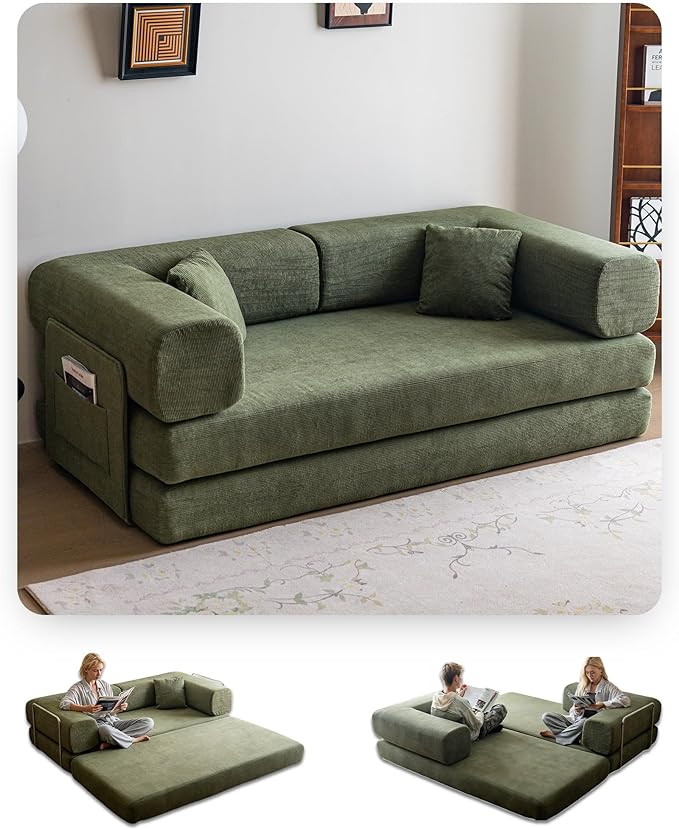 No Assembly Convertible Sofa Bed &amp 79 Boneless Couch with Pocket  5-in-1 Futon Sofa Bed with 2 Pillows Modular Pull Out Couch Bed with FrameCompression in Box for Living Room Small Spaces Green
