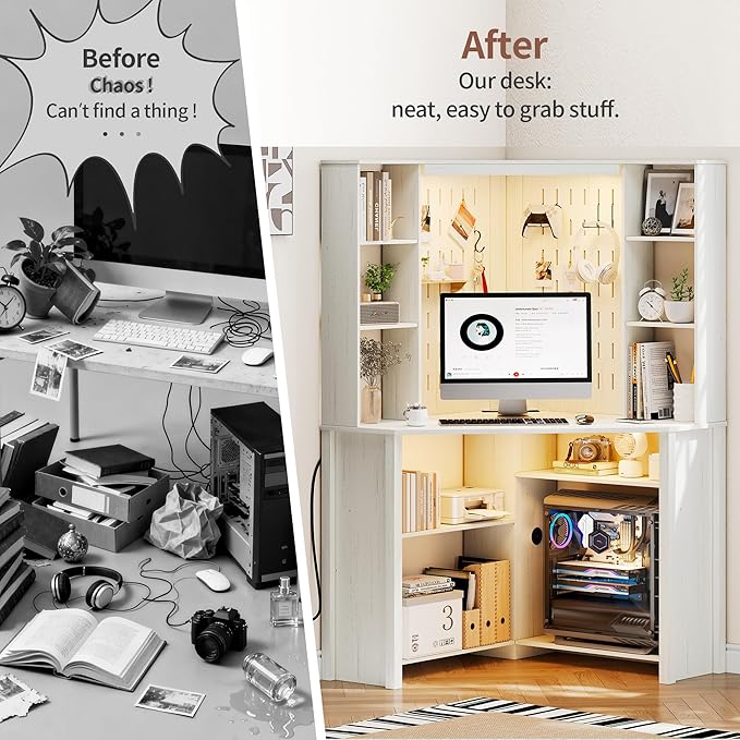 L-Shaped Corner Desk LED Light Computer Desk with Charging Station Hutch Storage Shelves &amp File Cabinet Home Office Desk Workstation for Small Space White
