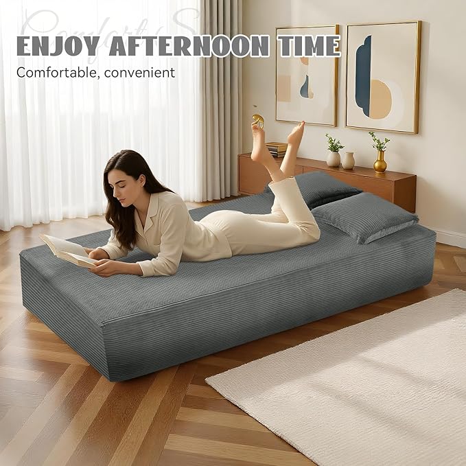 83 Sofa in a Box 3 Seater Couch No Assembly Boneless Sofa Bed with Cushion Back 2 Pillows Deep Seat Corduroy Fabric Side Storage Pockets for Living Room Bedroom Apartment Office Light Grey