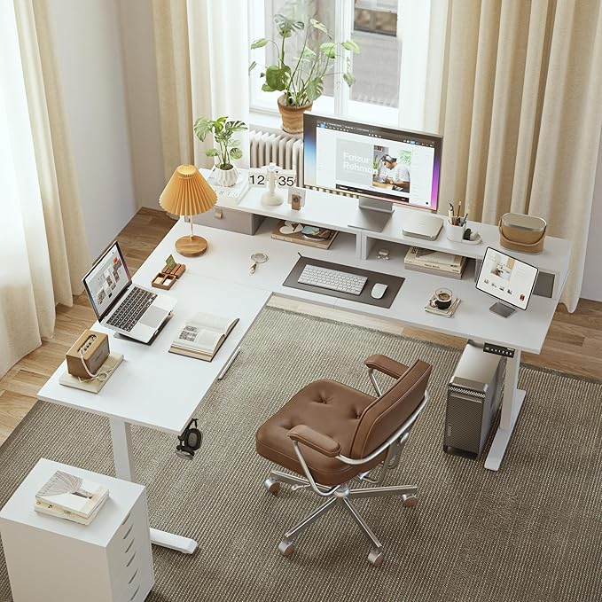 Agilestic L Shaped Electric Standing Desk with 2 Drawers 63 Inch Ergonomic Adjustable Height Desk with Storage Corner Desk Sit Stand up Computer Table for Work Office Home White