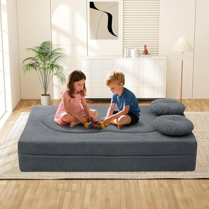 Folding Futon Sofa Bed Modern Convertible Fold Out Chenille Cloud Memory Foam Boneless Floor Lounge Loveseat Sleeper Mattress Sofa Couch with 2 Pillows for Guest Room Living Room Office Grey