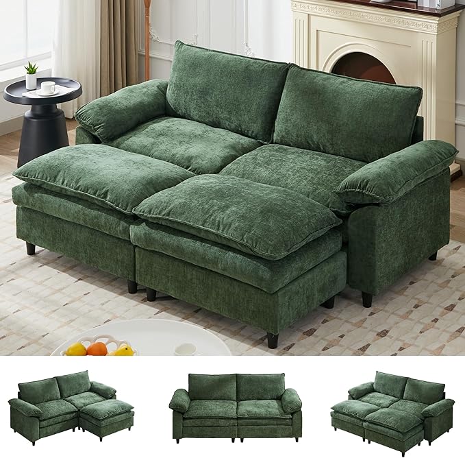 Modular Sectional Sofa 80.3 Inch U Shaped Couch Set with Armrests 3-Seater Comfy Cloud Boneless Couches with 2 Movable Ottomans for Living Room Apartment Dark Green
