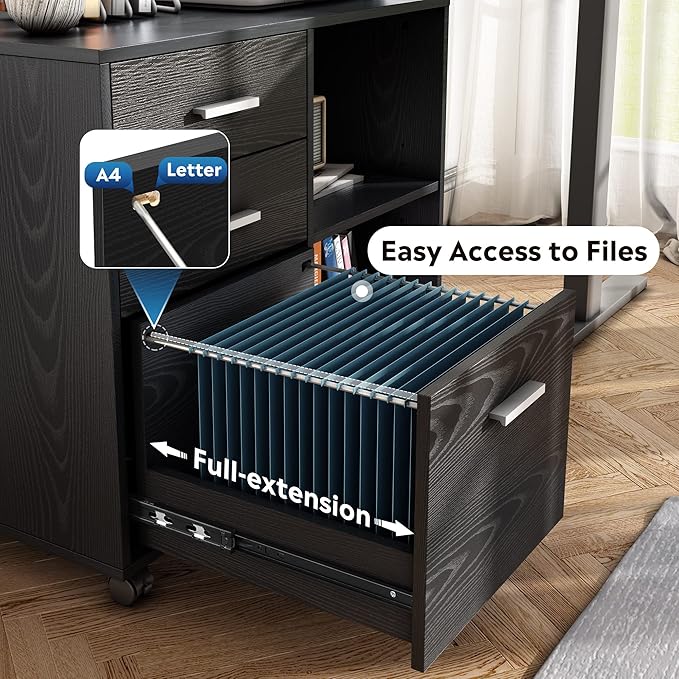 3 Drawer Wood File Cabinet Mobile Lateral Filing Cabinet Printer Stand with Open Storage Shelves for Home Office Black