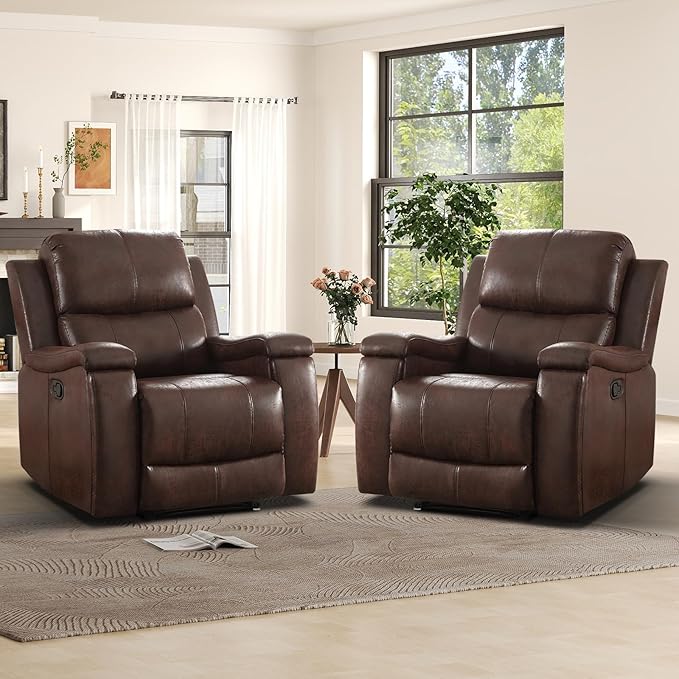 Leather Recliner Chair Manual Recliner Chair for Adults with Overstuffed Arms and Back Single Sofa Recliner with Cup Holders for Living Room Set of 2 Red Brown
