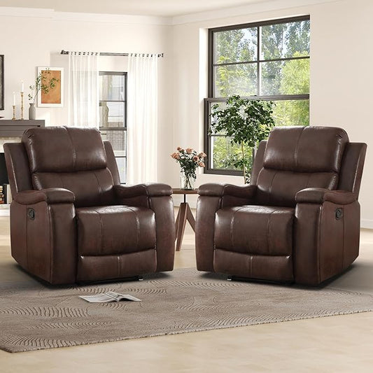 Leather Recliner Chair Manual Recliner Chair for Adults with Overstuffed Arms and Back Single Sofa Recliner with Cup Holders for Living Room Set of 2 Red Brown