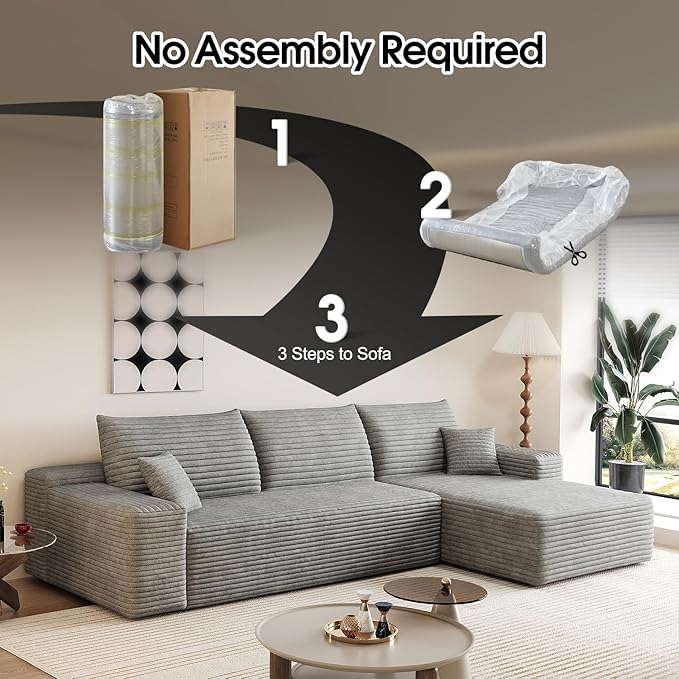 107.5 L-Shaped Sectional Modern Boneless Corduroy Couch with Chaise-No Assembly Required! Deep-Seat Upholstered Modular Cloud Sofa for Living Room Plush Corduroy Fabric (GreyRight Facing Chaise)