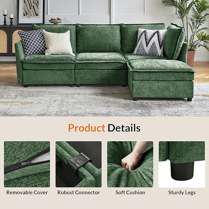 HULALA HOME Modern Chenille Sofa Set Single Seat Sofa 3 Seat Sofa 2 Piece Cloud Couches Set with Storage Comfy Deep Upholstered Armchair Couches for Living Room Apartment Green