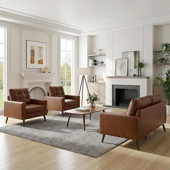 Wahson 53 Wide Loveseat with Armrest Upholstered 2-Seater Tufted PU Leather Double Sofa Mini Sofa with Wooden Legs Mid Century Modern Couch for Bedroom/Living Room Brown