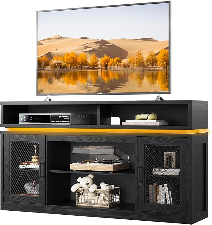 WLIVE Farmhouse TV Stand for TVs Up to 65 Inches Tall Entertainment Center with Storage Cabinets &amp LED Lights Media Console for Living Room Bedroom Home Theater Black