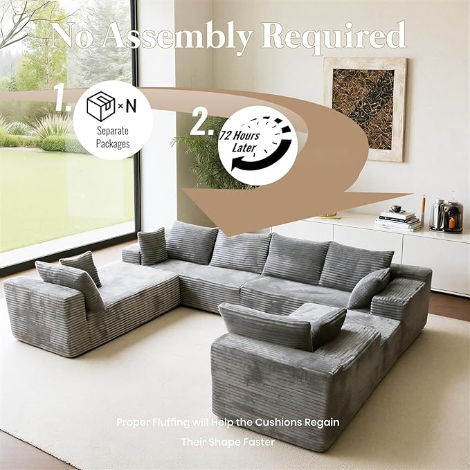 139'' U Shaped Sectional Couches for Living Room 8 Seater Faux Fur Modular Boneless Cloud Sofa with Chaise Lounges 4-in-1 Flexible Combination Deep Seat Corner Large CouchNo Assembly Light Grey