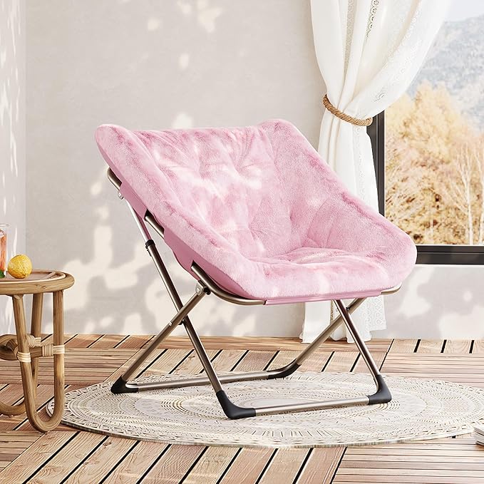 Collapsible Soft Faux Rabbit Fur Saucer Lounge Chair Comfy Lounge Lazy Chair Metal Frame Reading Chairs for Office Living Room Bedroom Small Spaces No Assembly Pink