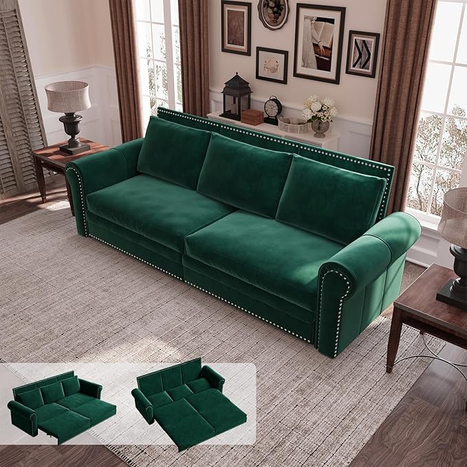 JOYBASE Pull Out Sofa Bed King-Size Convertible Sleeper Sofa Modern 3-Seater Velvet Couch with Nailhead for Living Room Office Apartment (Green)