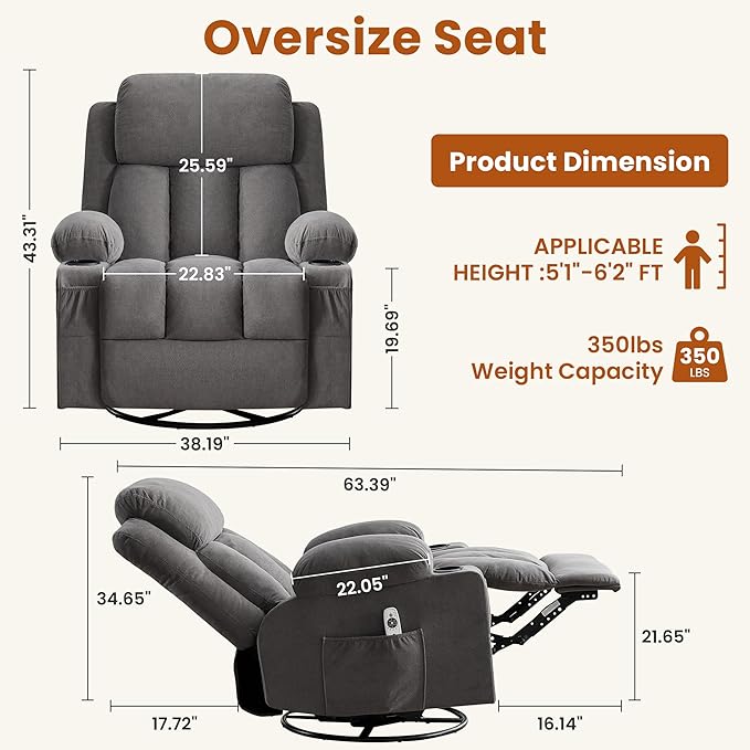 Swivel Rocker Recliner Chair with Vibration Massage and Heat for Living Roomwith Rocking Function and Side Pocket USB Charge Port2 Cup Holders