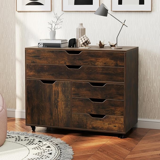 MAT EXPERT 5-Drawer Mobile File Cabinet w/Door Lateral Filing Cabinet w/5 Universal Wheels Rolling File Cabinets with Storage Modern Wood Printer Stand for Home Office Living Room (Rustic Brown)