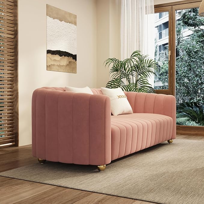 Modern Velvet Loveseat Sofa Couch for Living Room 84 Comfy Upholstered 3 Seater Sofa Couch with Gold Metal Legs &amp 2 Pillows Luxury Sectional Sofa for Bedroom Office Apartment Pink