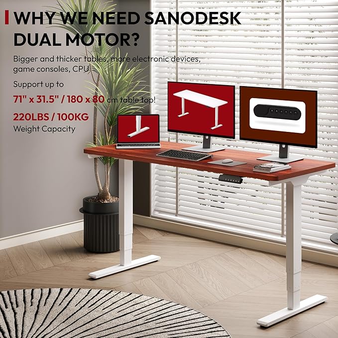 SANODESK Standing Desk with Dual Motor 3-Stage Lifting Column Handset with 3 Preset and Sit-Stand Reminder - 60 inch One-Piece Mahogany Desk/White Frame Height Adjustable Desk for Home and Office
