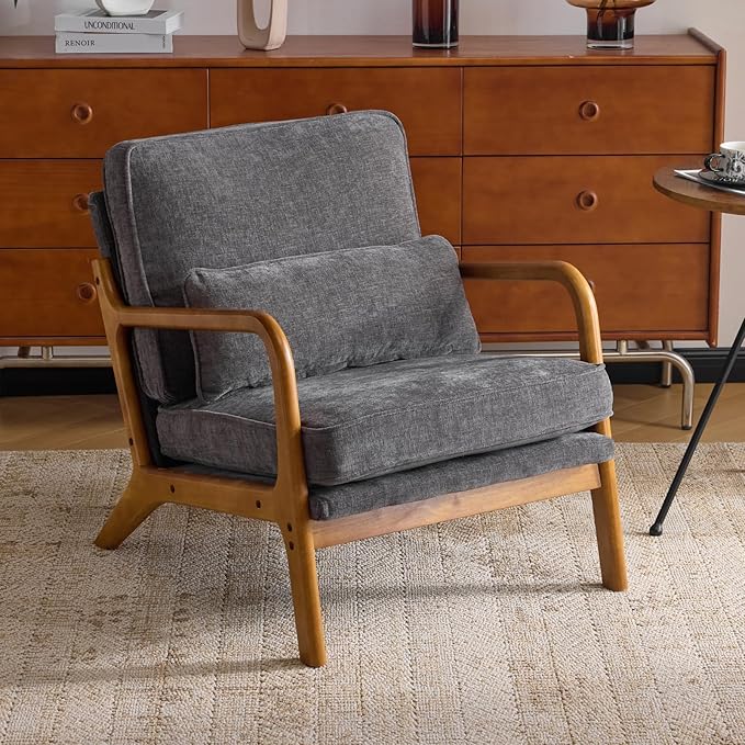 Karl home Mid Century Modern Accent Chair with Lumbar Pillow &amp Oak Arms – Plush Chenille Living Room Chair for Bedroom Lounge (Gray)