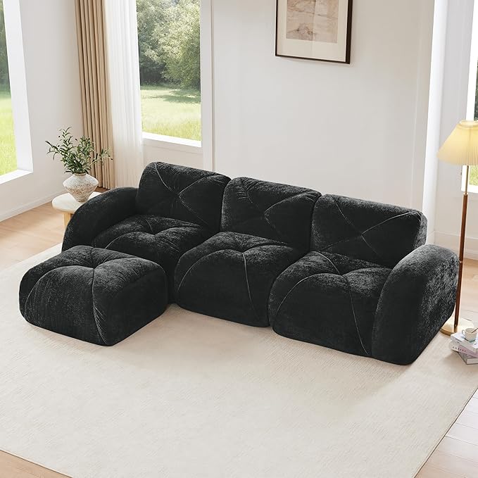 110-Inch Cloud Sectional Couches L-Shaped 4 Seat Boneless Modular Sofa with Ottoman Velvet Tufted Upholstered Boneless Couch Floor Full Foam Sofas for Living Room