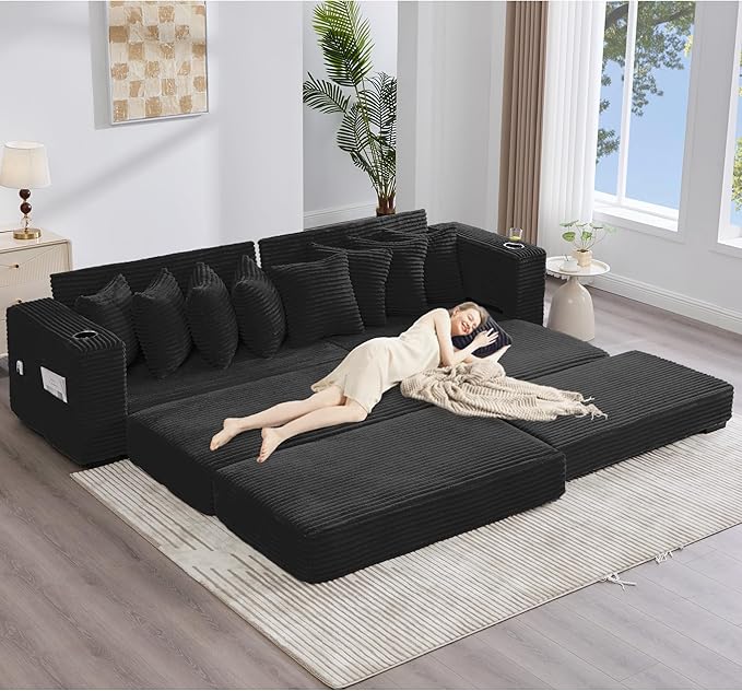 Oversized L-Shaped Modular Sectional Sofa Couch with 8 Pillows Convertible Corduroy Sleeper Sofa Bed with Cupholders &amp Storage Pockets Cloud Couch with Movable Ottoman for Living Room Black