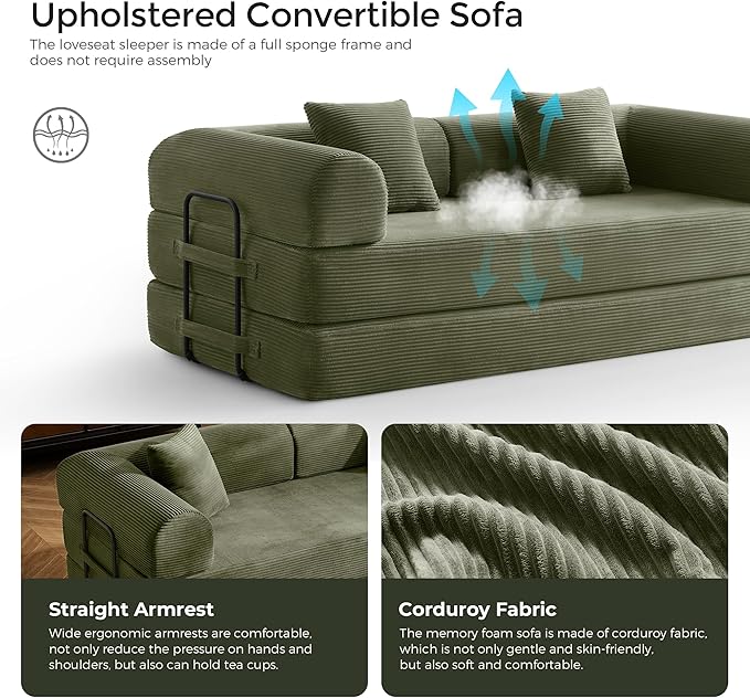 79 Modular Floor Sofa Convertible Sleeper Sofa Bed Removable Backrest Design Spacious Sleeping Area Easy Setup for Game Room Apartment (Light Green)