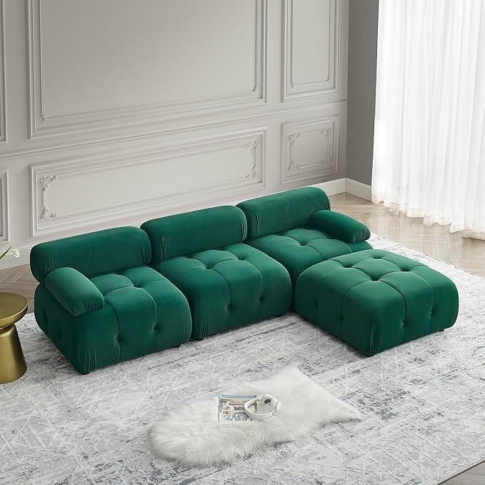 Bellemave L-Shape Sofa Couch Modular Sectional Sofa with Reversible Ottoman Velvet Upholstered Free Comnination Couch with Button Tufted Design Modern Oversized Couch for Living Room (Green)