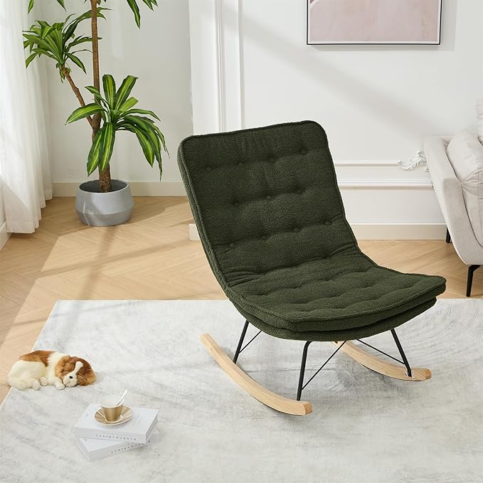 Lazy Rocking ChairComfortable Lounge Chair with Wide Backrest and Seat Wood Base Upholstered Armless Rocker Chair for Living Room BalconyBedroom and Patio Porch. (Dark Green)