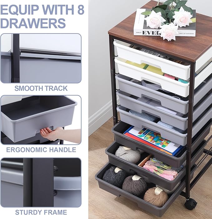 Rolling Cart with DrawersUtility Cart With 8 Drawers and Wooden Tabletop for Living RoomClassroomBedroomBathroomDormOfficeDark Grey