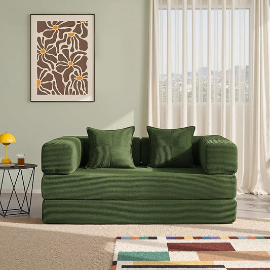 YINIX Foldable Sofa Bed 62'' Folding Floor Couch Compressed Convertable Sleeper Sofa Memory Foam Couch with Pillow Back Support Armrest 4-in-1 Futon Sofa Bed for Living Room Green