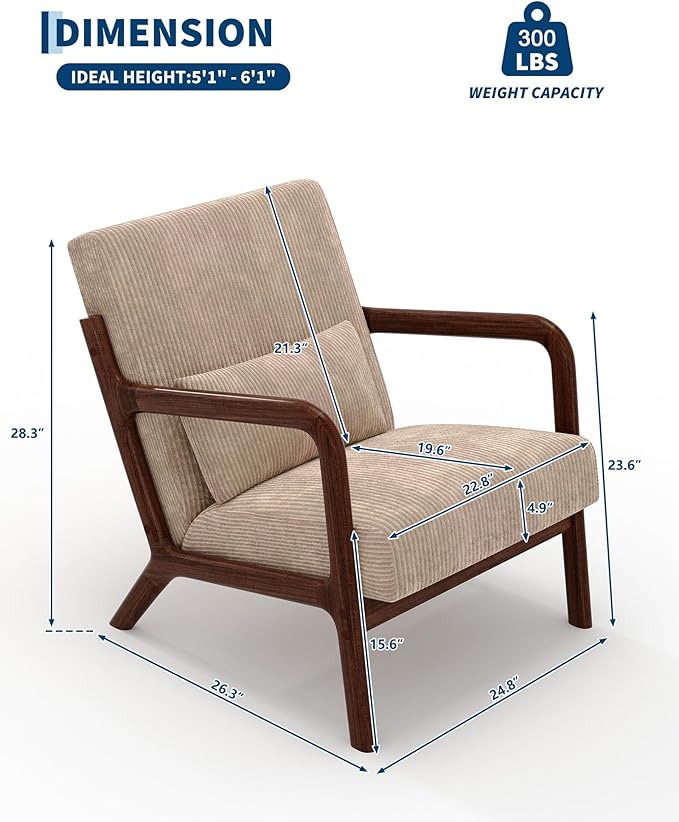 Garvee Mid-Century Modern Accent Chair Wide-Wale Corduroy Upholstery Solid Wood Armchair with Removable Lumbar Pillow Sturdy Reading Chair for Living Room Bedroom Guest Room Easy Assembly Brown