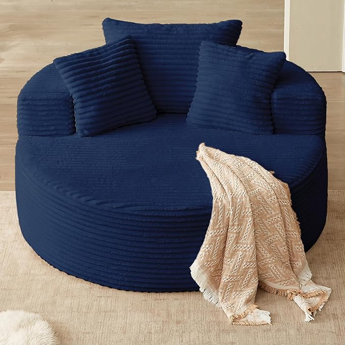 Oversized Round Chair Lounge Chaise Indoor Upholstered Corduroy Deep Seat Cloud Large Circle Sofa Chair No Assembly Required Fluffy Modern Sleeper Sofa Bed for Reading Living Room Bedroom Blue