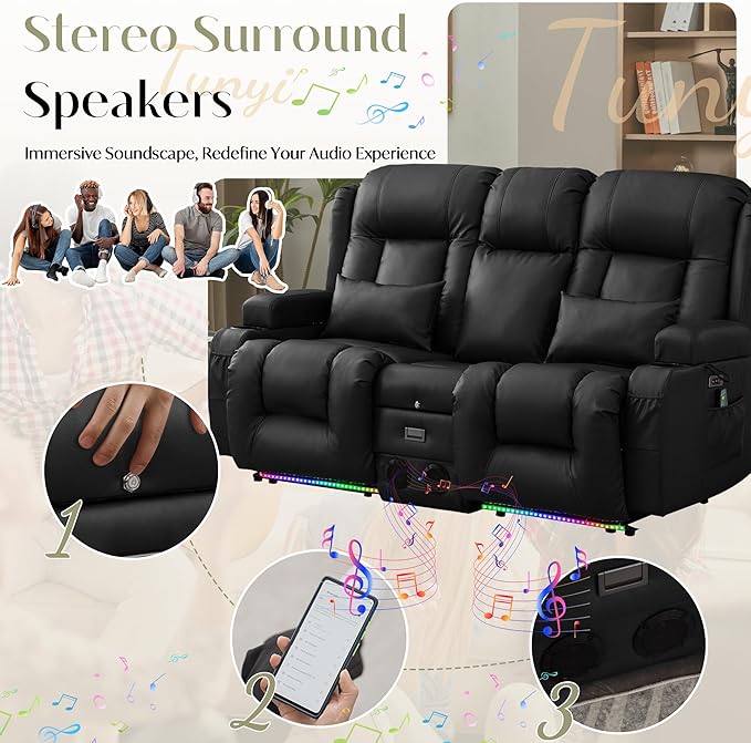 TUNYI Power Loveseat Recliner Sofa Faux Leather Reclining Sofa with Console RV Reclining Loveseat Couch with USB/Outlet/Storage/Side Pocket/LED Light/Speaker (Black Loveseat)