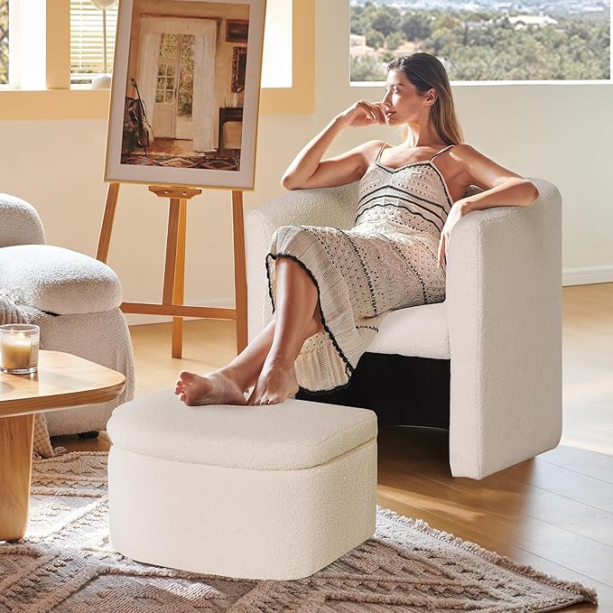 COLAMY Upholstered Sherpa Barrel Accent Chair with Storage Ottoman Morden Living Room Side Chair Single Sofa Armchair with Lounge Seat for Bedroom/Office/Reading Spaces Cream