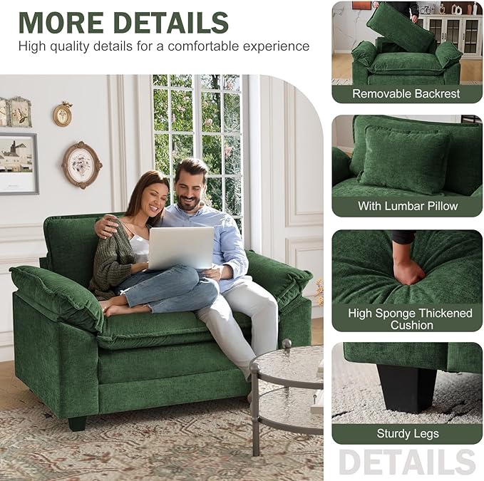 CDCASA Oversized Accent Chair with Ottoman Chenille Comfy Cloud Sofa Chair with Large Seat and Upholstered Armrests Modern Extra Wide Armchair Reading Chairs for Bedroom Living RoomSet of 2Green