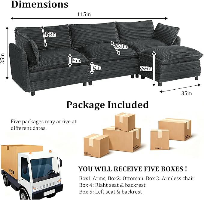 115'' Modular Sectional Sofa Comfy Cloud Couch with Movable Ottoman Deep Seat Corduroy L Shaped Modular Sofa Sectional Couches for Living Room Bedroom and Apartment Dark Grey