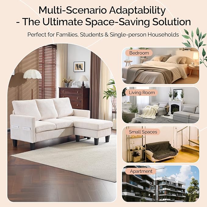 VINGLI 68.5' L Shaped Couch with Movable Storage Ottoman Convertible Sectional Sofa in Soft Corduroy Fabric Modern Reversible Chaise Couch for Small Spaces Apartment Living RoomCream White